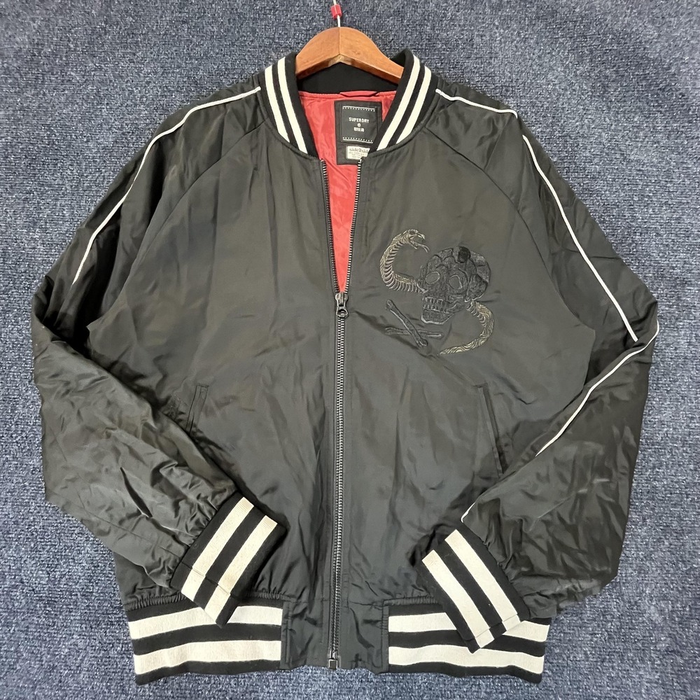 Superdry Jacket Mens Large Black Embroidered Skull Snake‎ Varsity Japan Souvenir